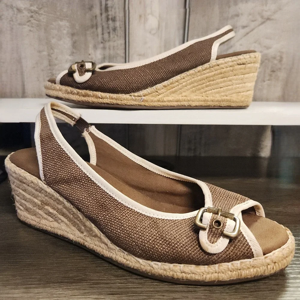 Naturalizer Wedge Sandals Womens Size 7 Brown Canvas Espadrille Slingback Summer